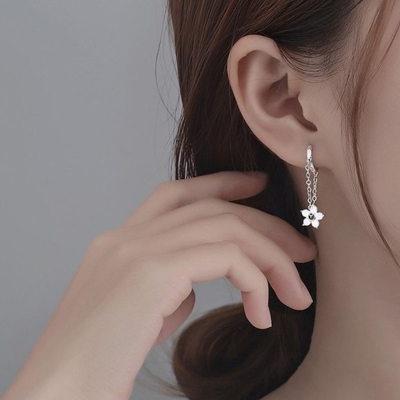 NEW Silver Copper Zircon Flower Chain Tassel Hoop Earrings - Picture 3 of 10